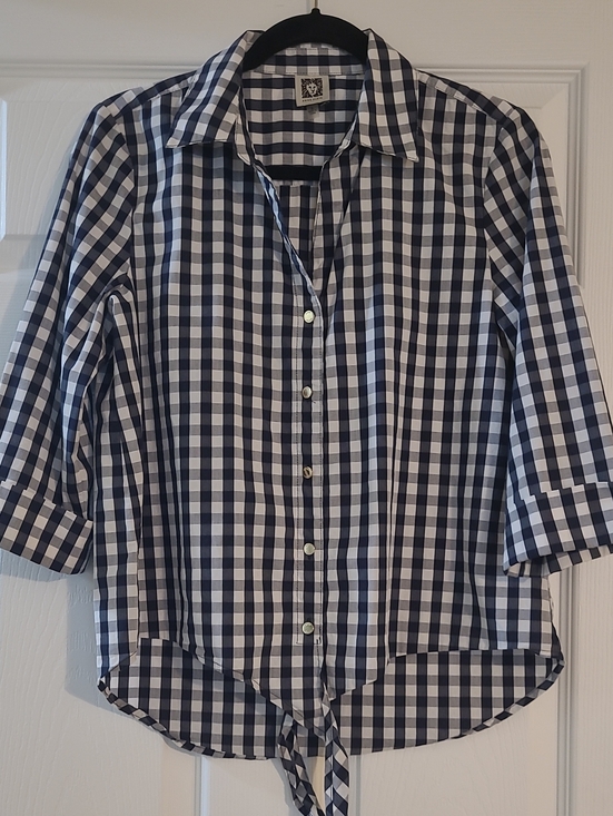 Anne Klein Tops - Anne Klein Navy and White Gingham Button-Front Tie Hem Shirt